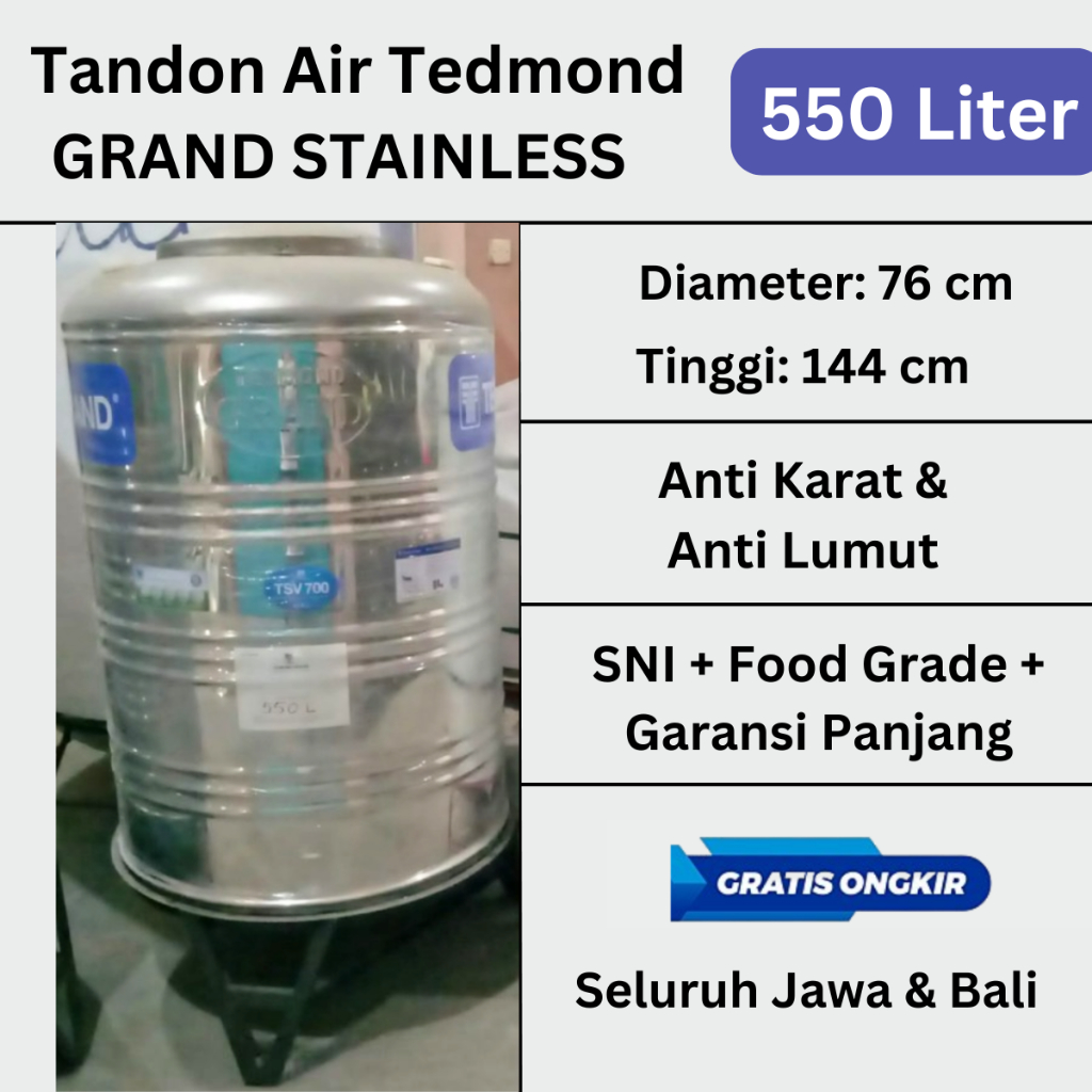 Tandon Tangki Toren Air Stainless Grand 500 Liter 550 Liter Anti Lumut Anti karat Food Grade Berkual