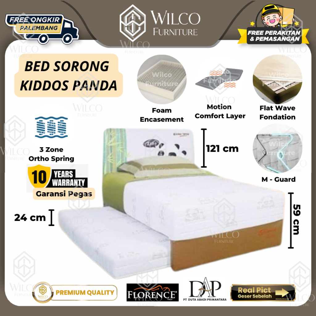Springbed Sorong Anak Florence 2in1 Kiddos Panda / Bed Sorong Cowok - 120 x 200