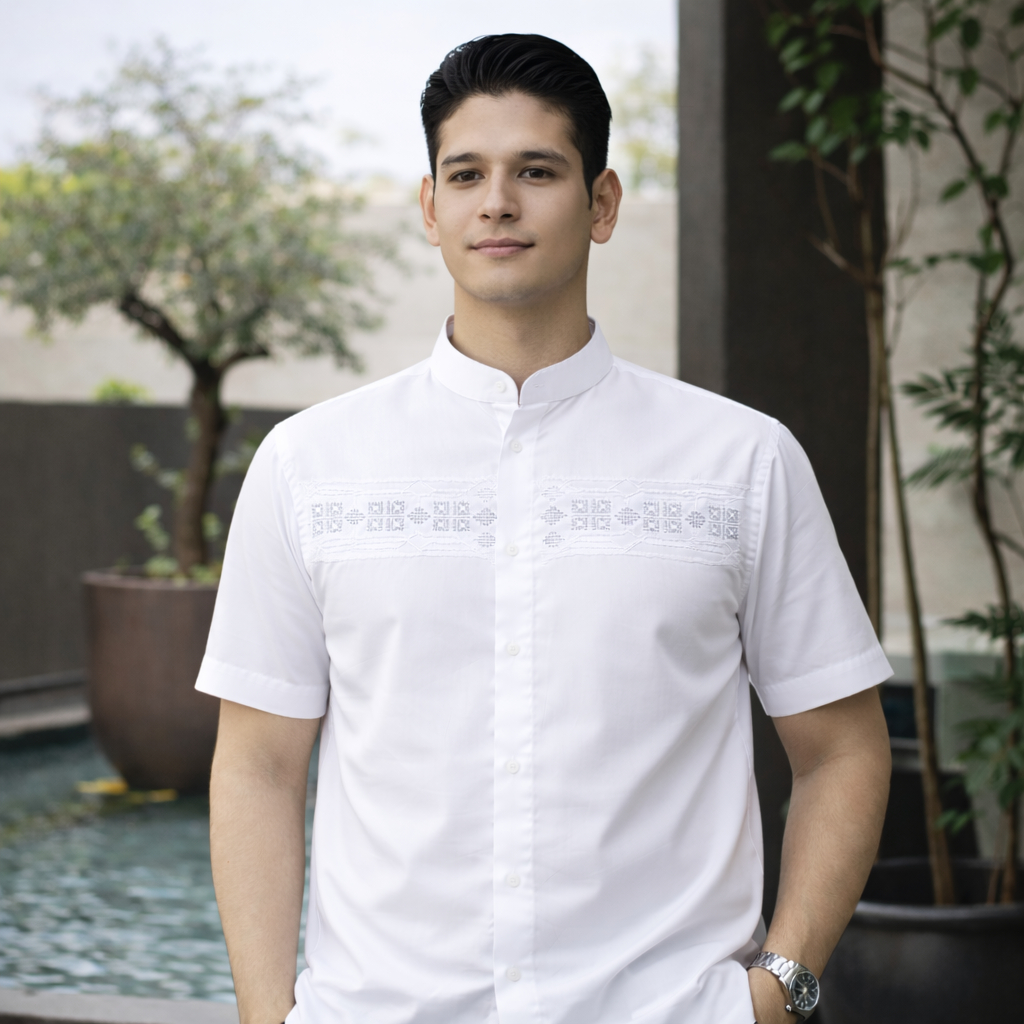 Baju Koko Lengan Pendek Putih Tulang Kemeja koko Muslim Bordir Pria