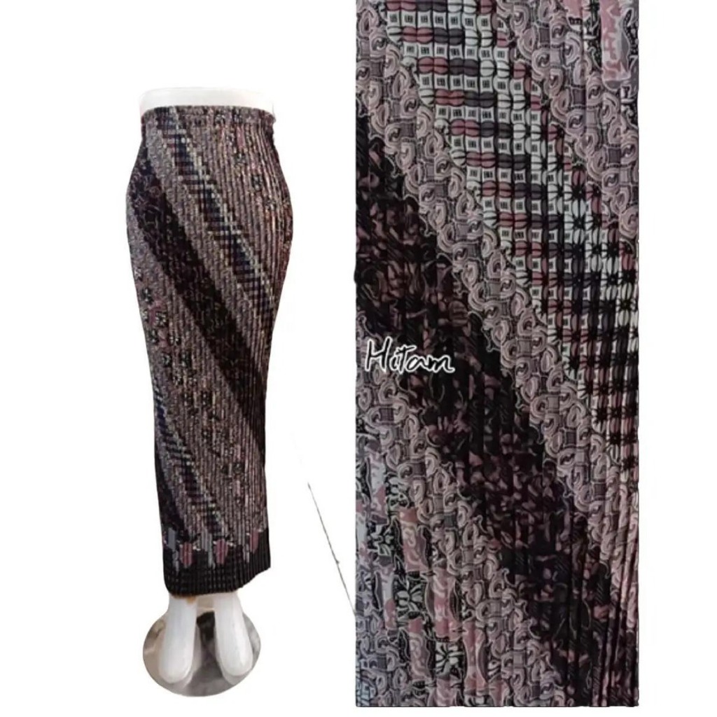Rok Batik Wanita Model Plisket Motif Hana Hitam Bahan Semi Sutra Nyaman dan Elegan