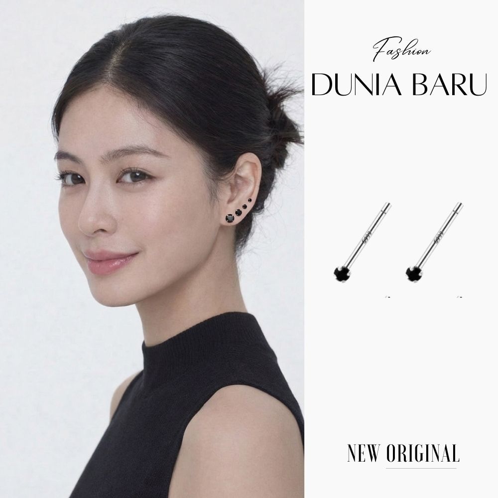 Anting Tindik Perak 999 untuk Wanita, Anting Perak Murni, Tindik Telinga Berlian Hitam