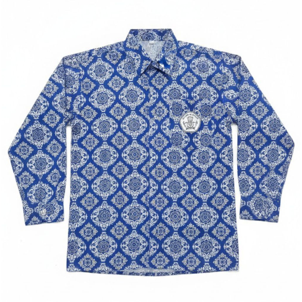 Batik Biru Lengan Panjang SD/ Baju Batik MTs/ Seragam Batik Biru Bahan Satin Untuk Sekolah Dasar