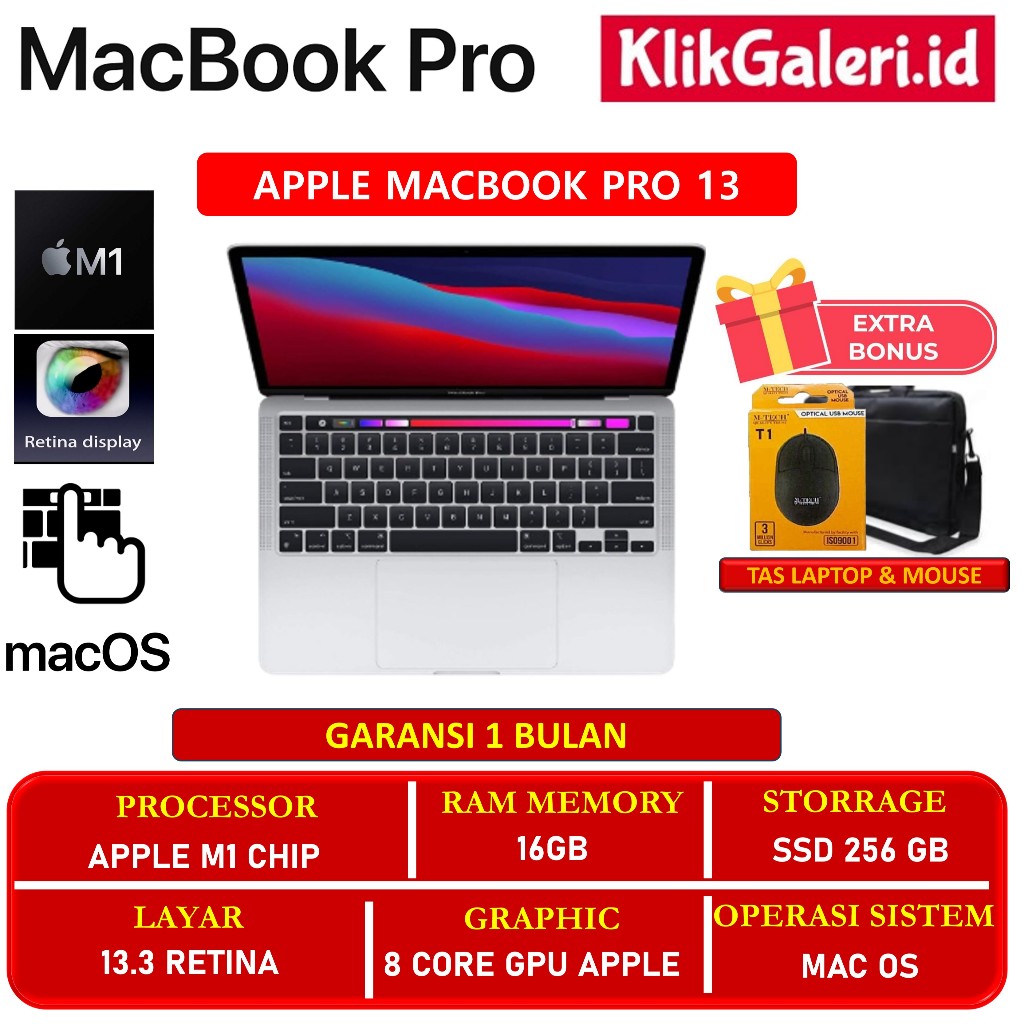 Apple Macbook Pro 13 MYDA2 M1 16GB 256GB 13.3 Retina Silever Second - GARANSI 1 BULAN