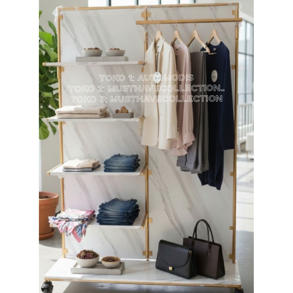 GAWANG BAJU DUA SISI DENGAN RAK DISPLAY LIPAT ETALASE KABINET LEMARI STANDING GANTUNGAN HANGER TIANG