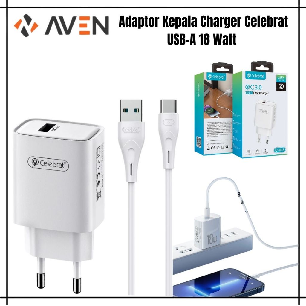 AVEN Adaptor Celebrat C-H13 Kepala Charger USB-A 18W SET Kabel Type-C Android Iphone Original