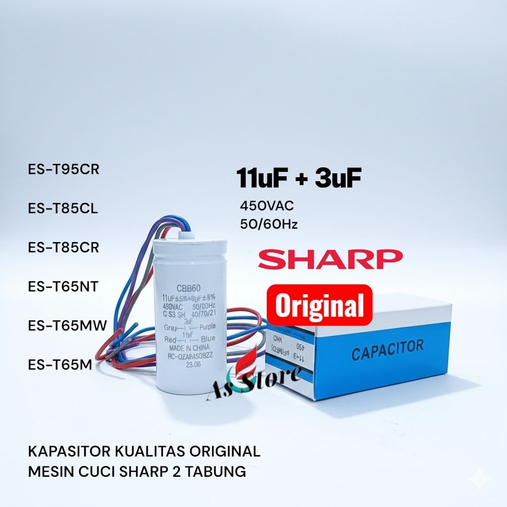 Kapasitor Sharp/Capacitor Sharp 11uF+3uF CBB60 Original mesin cuci 2 Tabung ES-T95CR ES-T85CL ES-T85