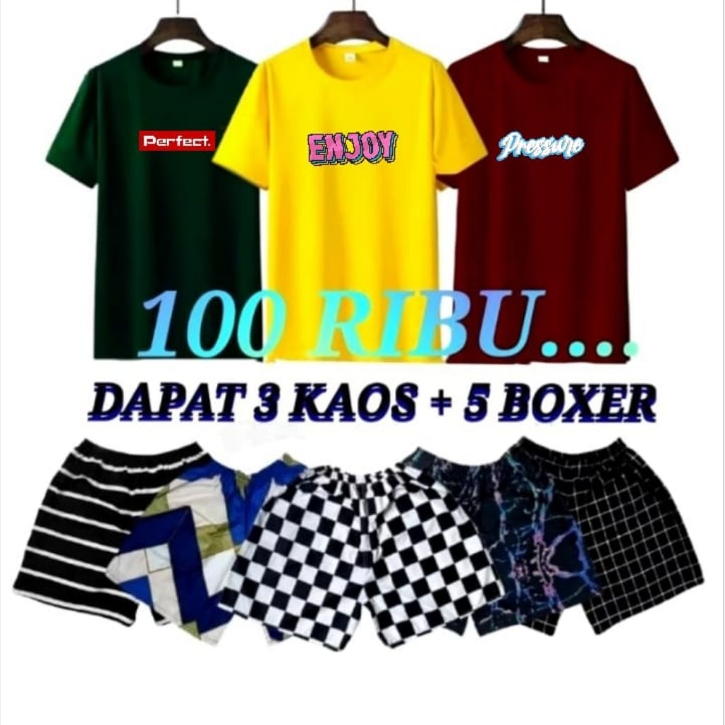 PAKET 100 RIBU DAPAT 3 KAOS + 5 CELANA BOXER RANDOM