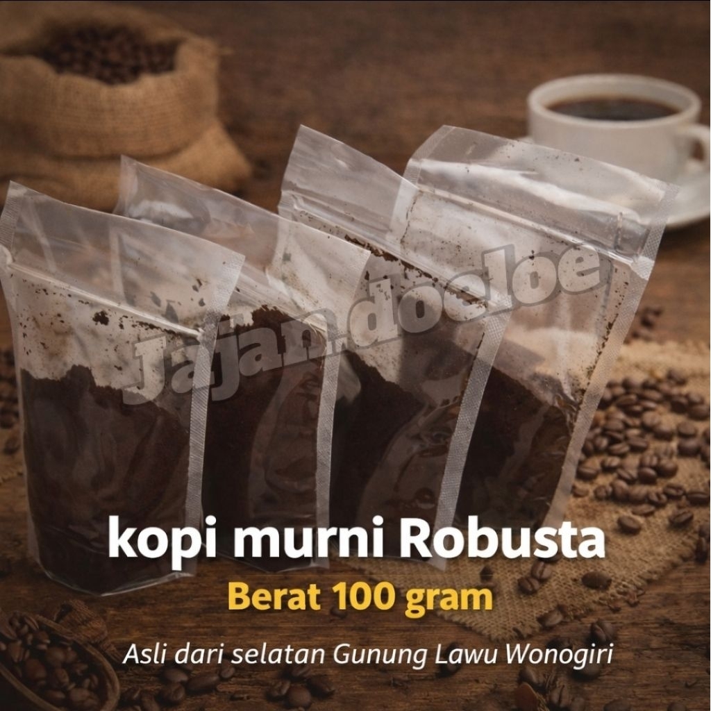 Kopi Robusta hitam kemasan 100 gram giling halus dari selatan gunung lawu