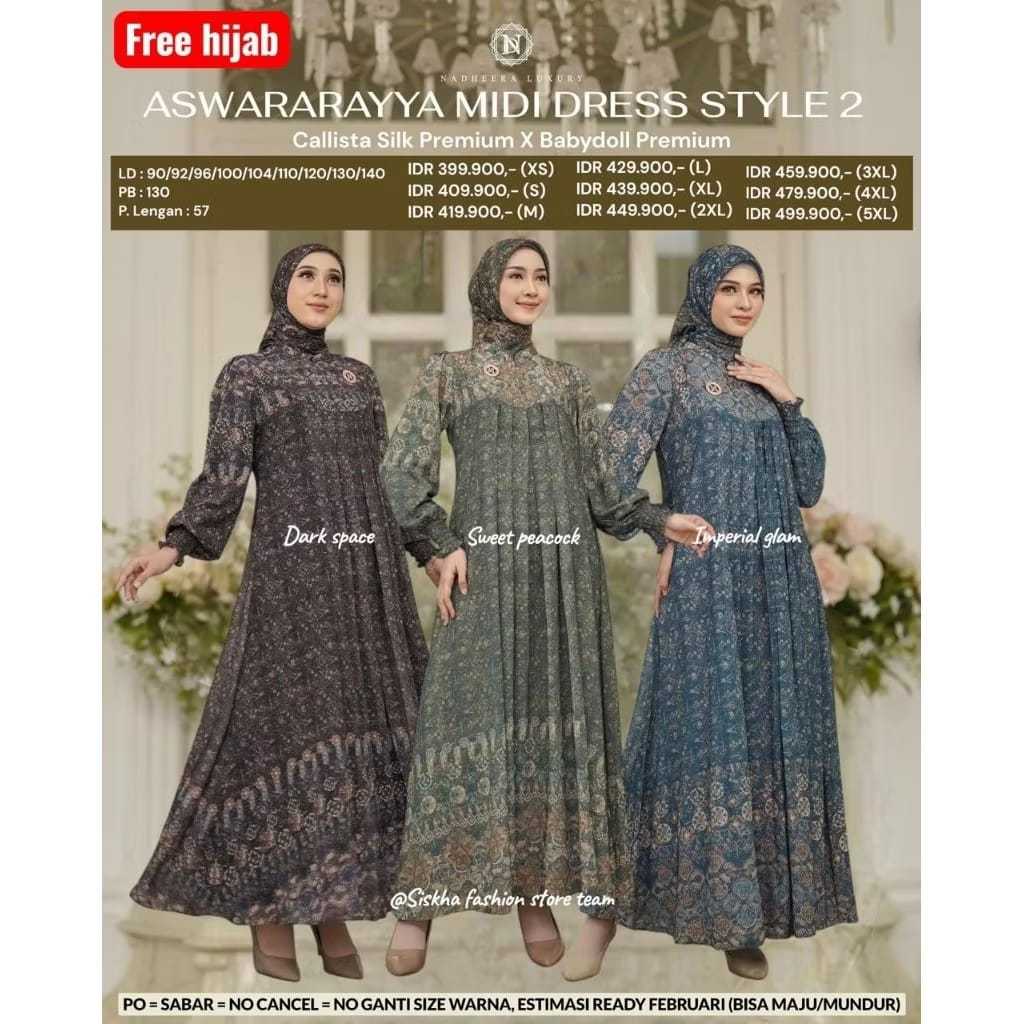 ASWARARAYYA  style 2 DRESS  DAN MIDI by Nadheera Luxury Ori Terbaru, Gamis Motif, Gamis Silk babydol