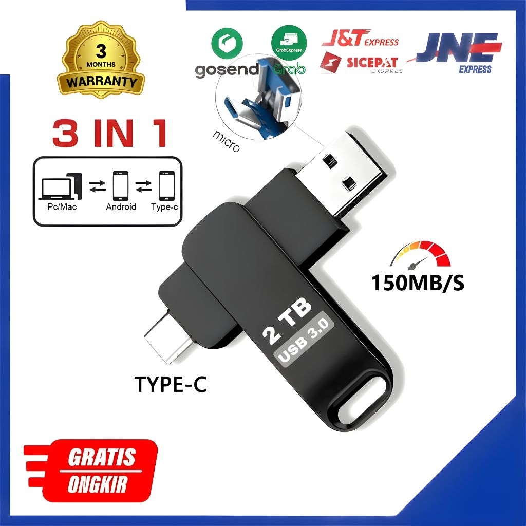 Flashdisk 3in1 150Mb/s  OTG USB 3.0 Type C Micro Android 1TB 2TB Simpan File di TV & Mobil
