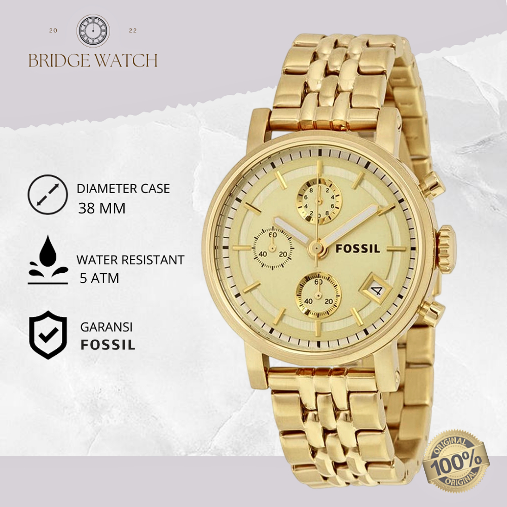 Jam Tangan Wanita Fossil ES2197 Boyfriend Chronograph Gold Stainless Steel Strap Rantai Sporty Mewah