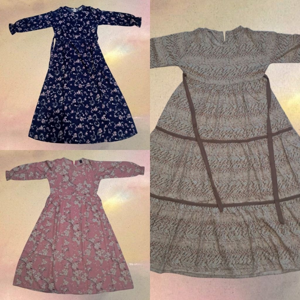 Preloved gamis anak perempuan warna coklat & biru dongker & pink