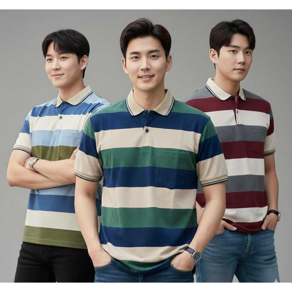 Promo 3 PCS - Kaos Kerah Salur Kantong Pria dan Wanita - Polo Shirt Stripe Polos Lengan Pendek JUMBO