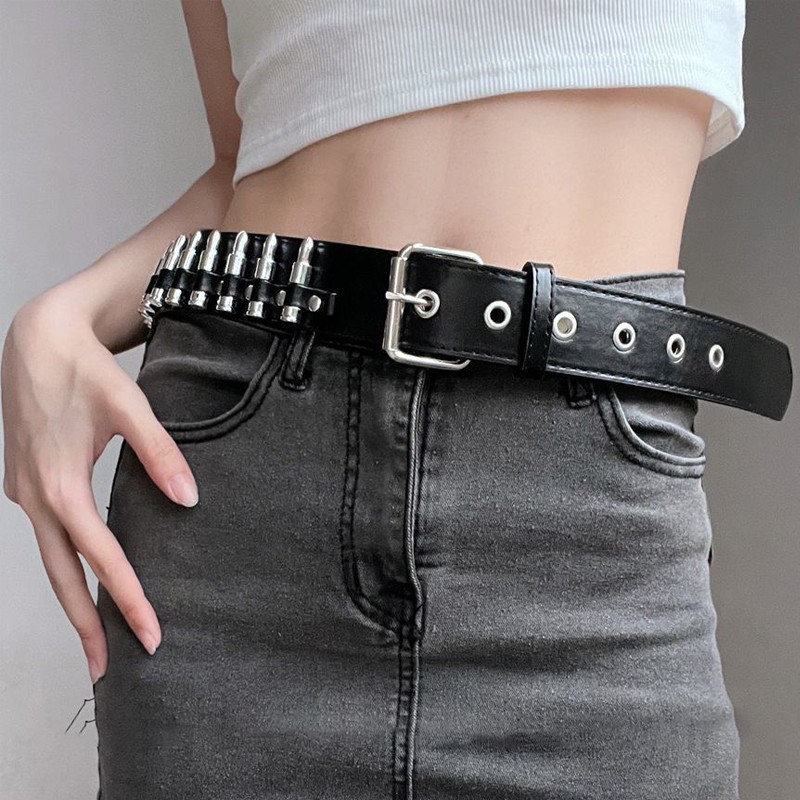 110CM BGS - 483 Gesper Punk Rock White Pin Buckle Belt/Hip Hop Rock Studded Belt/Fashion Wanita Kuli
