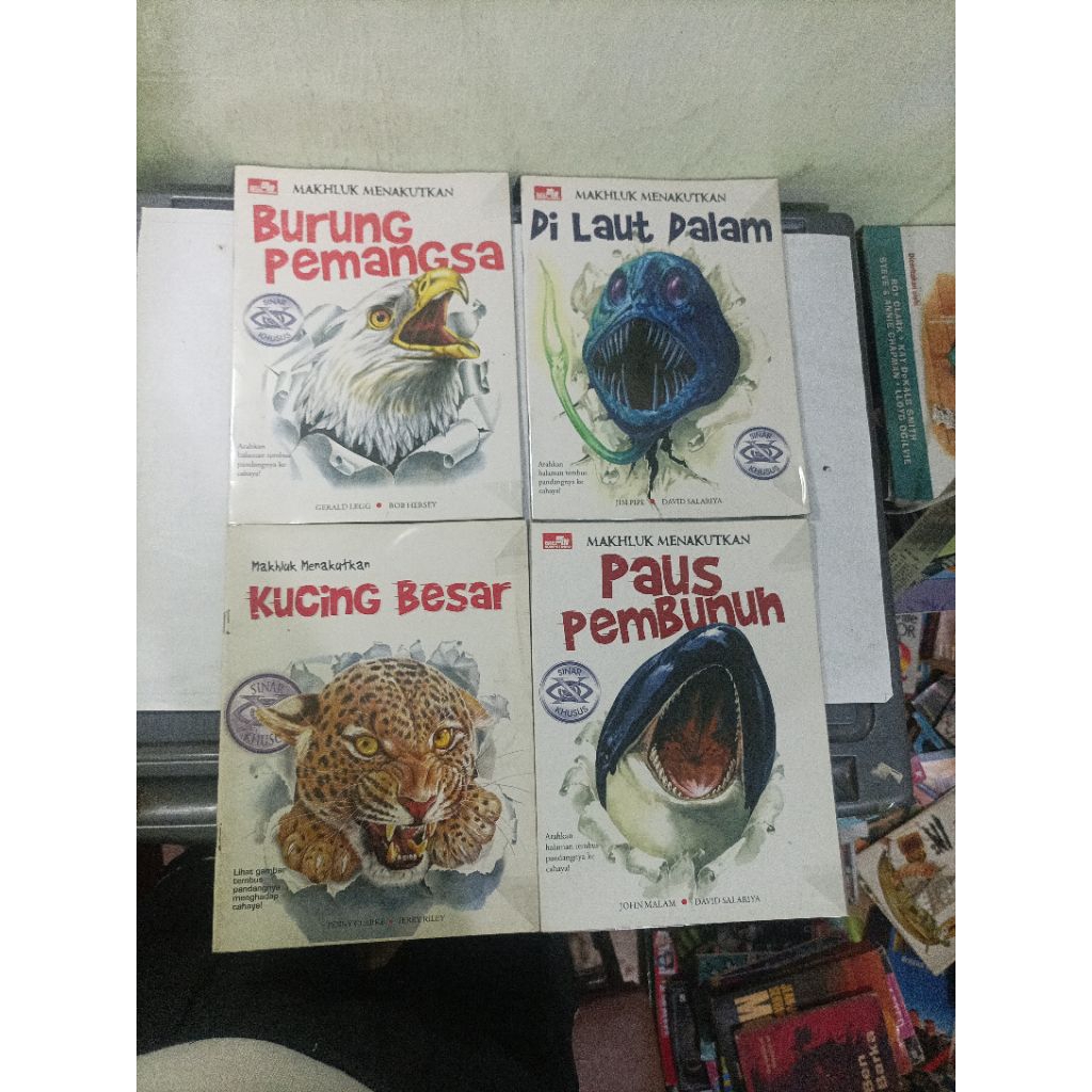 buku pengetahuan anak makhluk menakutkan burung pemangsa, di laut dalam, kucing besar, paus pembunuh