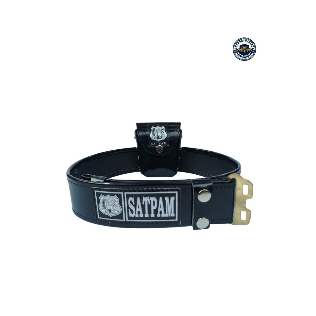set satpam logo putih, sabuk kopel, dan sarung borgol