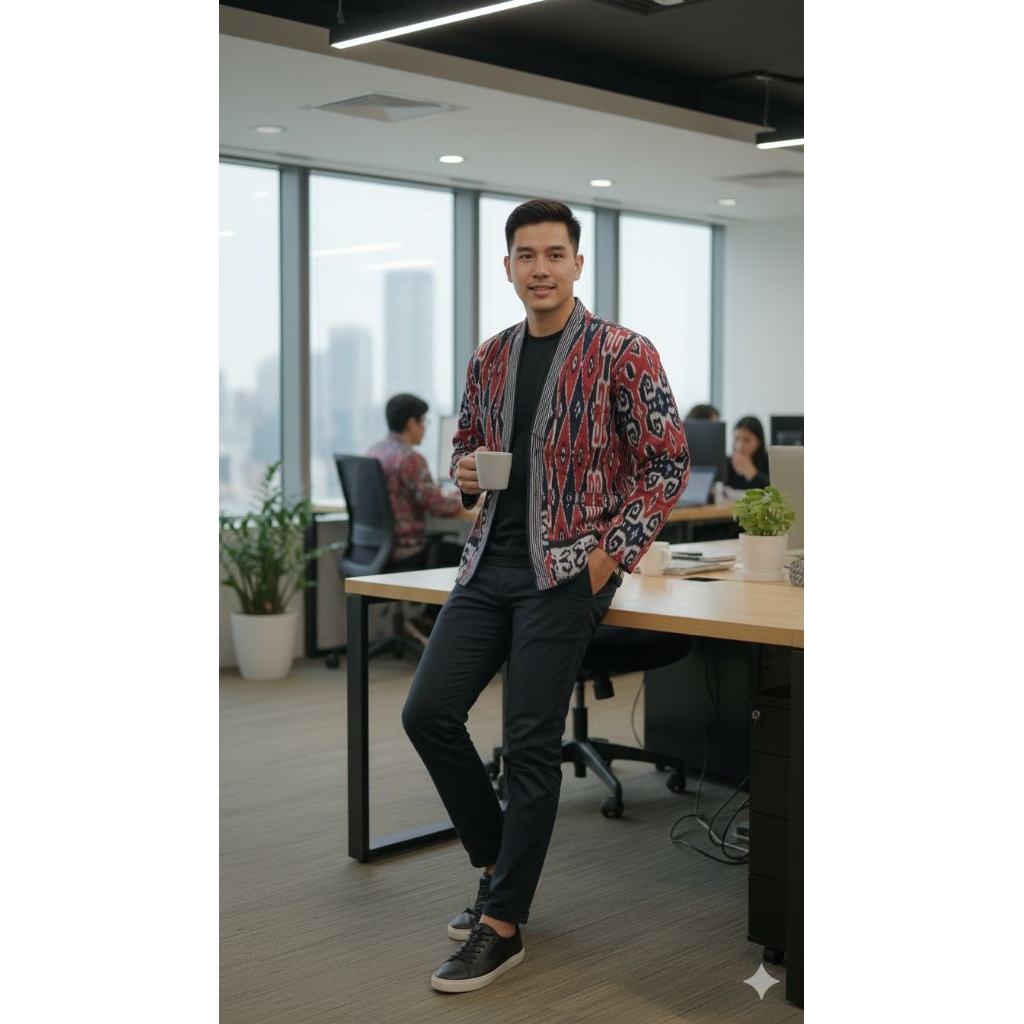 outer tenun Jepara mode kerja cowok modern