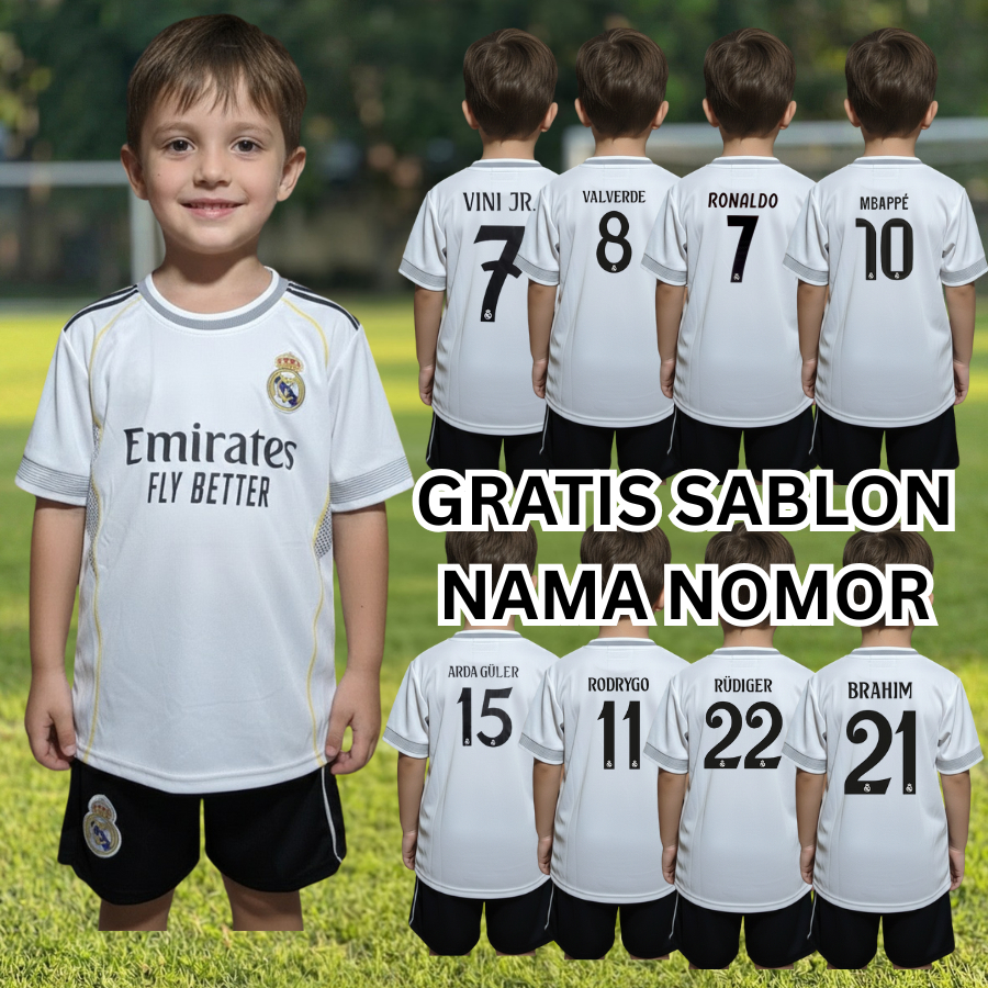 AURI SPORT JERSEY BAJU BOLA ANAK REALMADRIDHOME KIDS PRINTING USIA 7-15THN