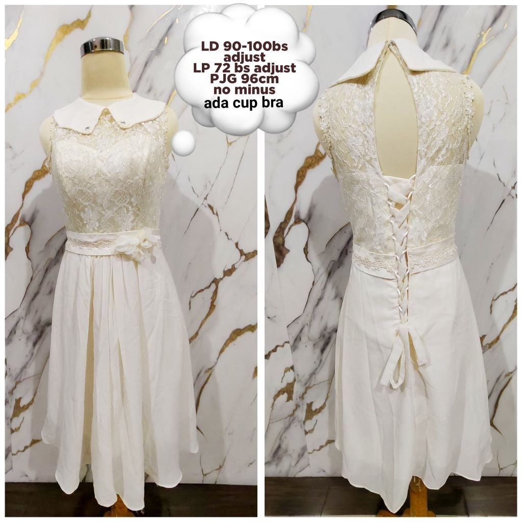 Dress pesta mini warna cream bertali