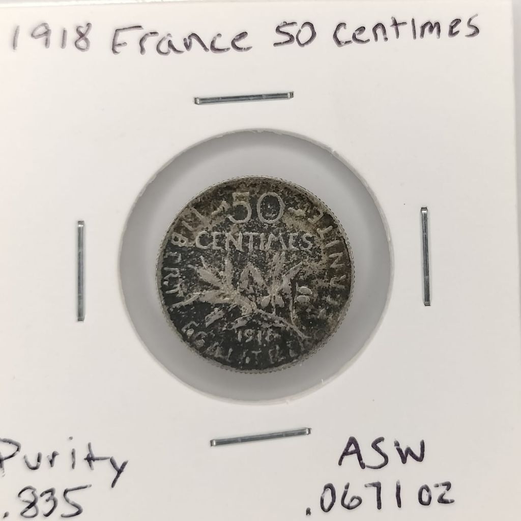 Koin Perak Prancis 1918 50 Centimes 83.5% Silver Asli France