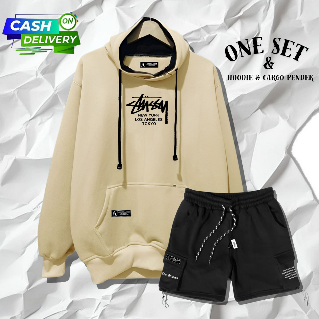 Stussy Stelan Oneset Hoodie Celana Pendek Pria Wanita Distro Stelan Sweater Celana Cargo Bahan Fleec
