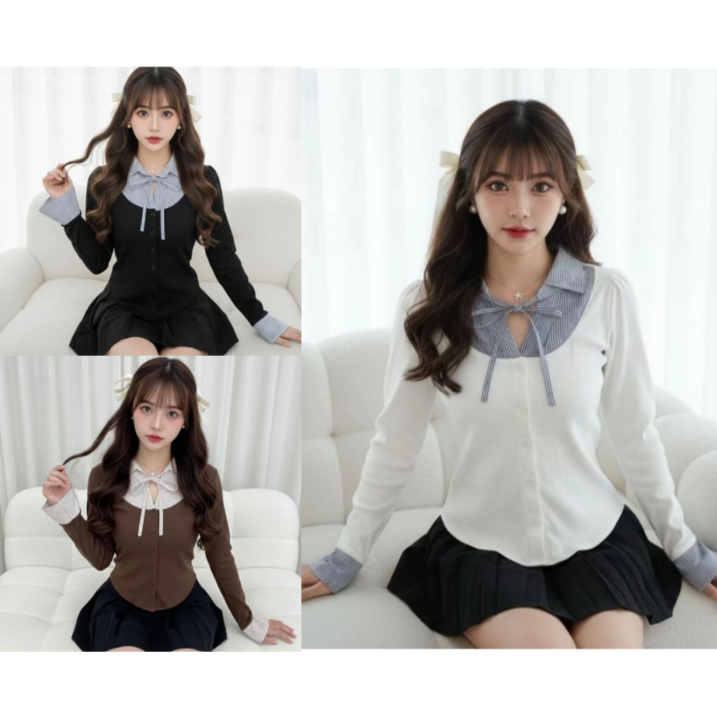 Kemeja YAREU Katun Kantoran Kasual Kombinasi-Garis KEMEJA STRIPE KOMBINASI Model Kekinian Baju Wanit