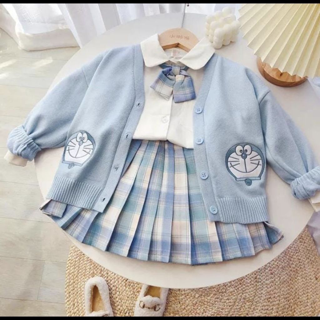 set rok celana 4 in 1 cardigan doraemon rajut