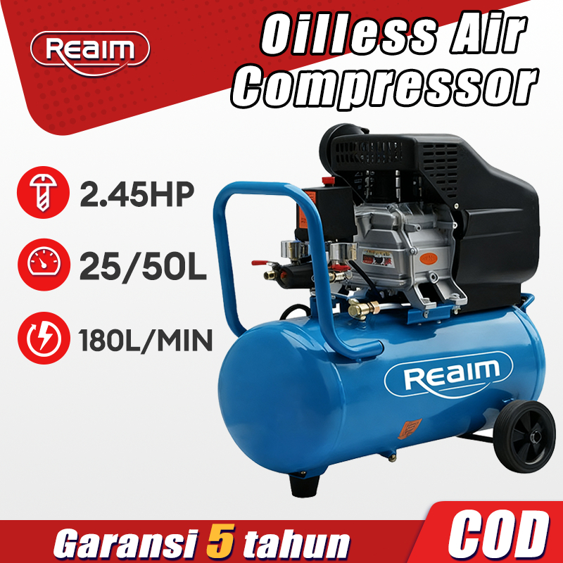 Reaim Kompresor Angin Listrik 2.45HP 50L Kompresor Mini Oilless Air Compressor Silent Mini Listrik