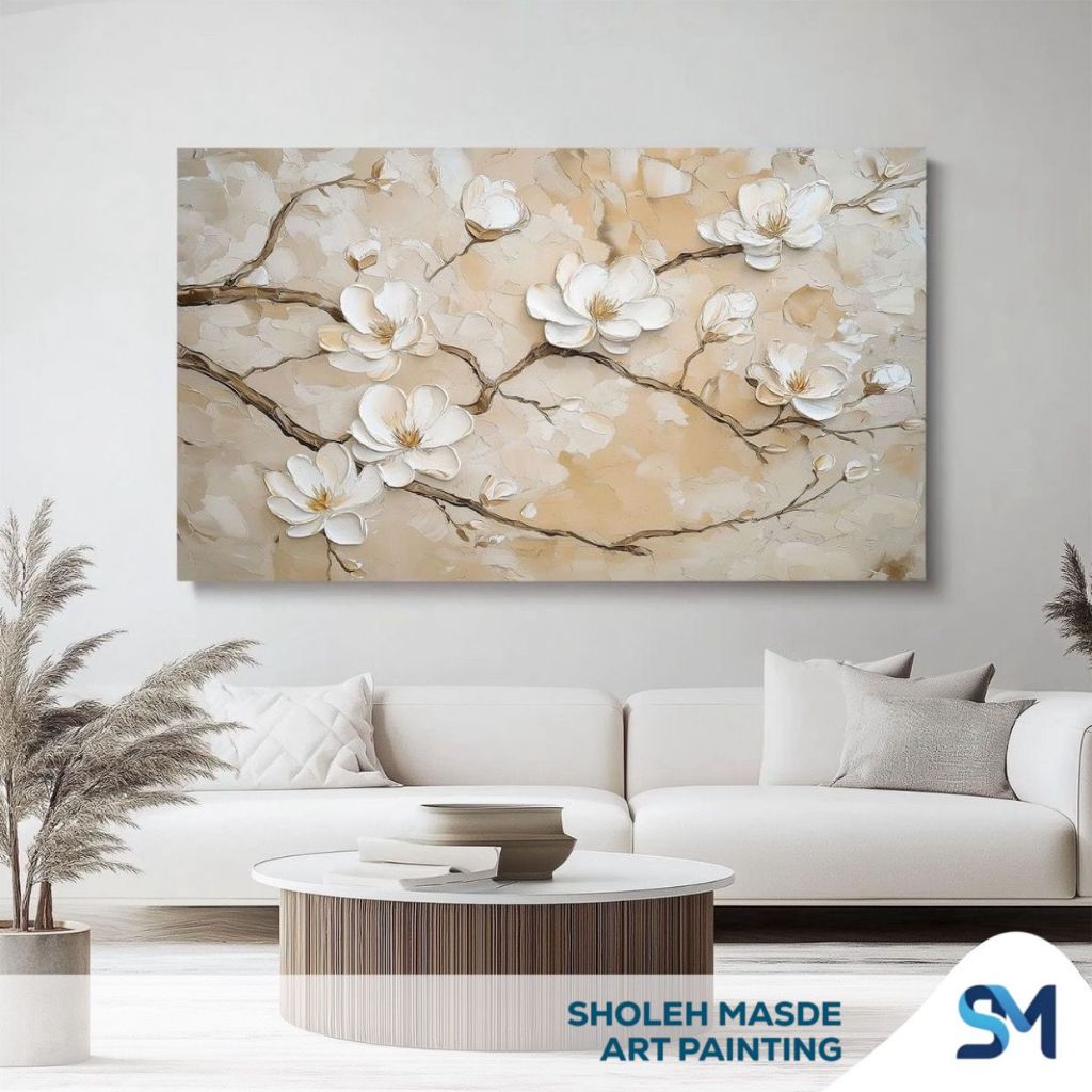 Lukisan Dinding Bunga Sakura Putih Akrilik Kanvas