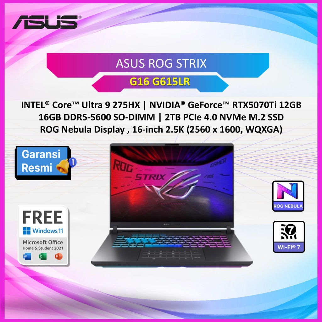 LAPTOP ASUS ROG STRIX G16 G615LR ULTRA 9 275HX RTX5070TI 12GB/ 32GB 2TB 16.0QHD 240HZ