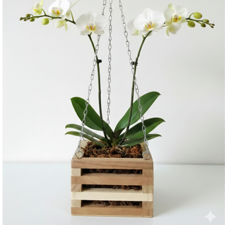 Pot Anggrek Kayu Jati Gantung Kotak Minimalis - Pot Kayu Aesthetic Vas Bunga Anggrek Gantung Tempel 
