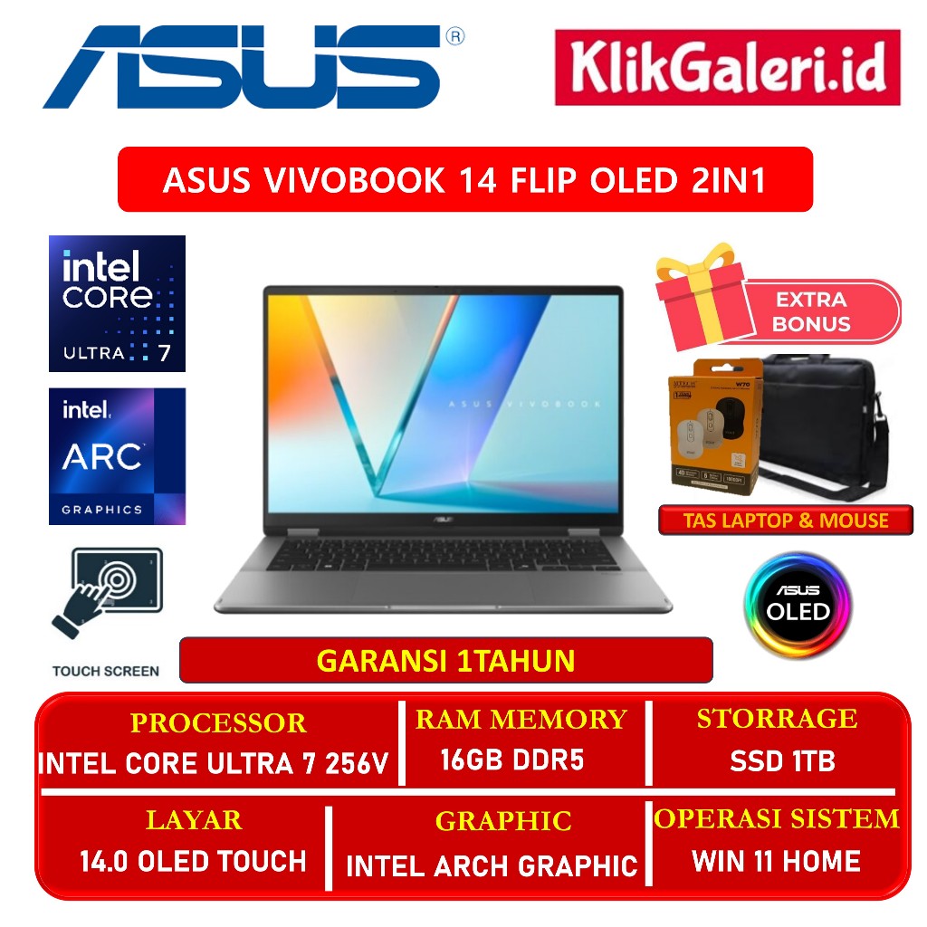 ASUS Vivobook 14 Flip OLED TP3407SA Intel Core Ultra 7 16GB 1TB 14” WUXGA Touch Win11