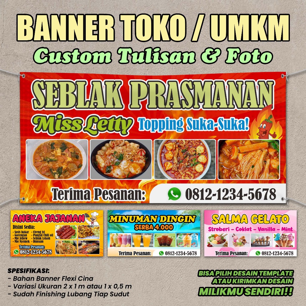 BANNER TOKO UMKM MAKANAN MINUMAN BANNER BALIGO SPANDUK SEBLAK JAJANAN WARUNG