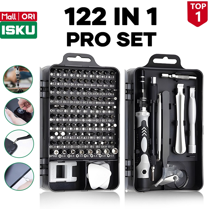 ISKU Set Obeng Presisi HP Laptop 122 in 1 Alat Service Bongkar Casing Elektronik Magnetik CRV Screwd