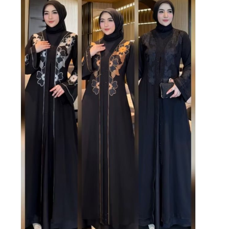GAMIS ABAYA TURKEY BORDIR BUNGA SAKURA 3 WARNA BORDIR DUBAI MEWAH