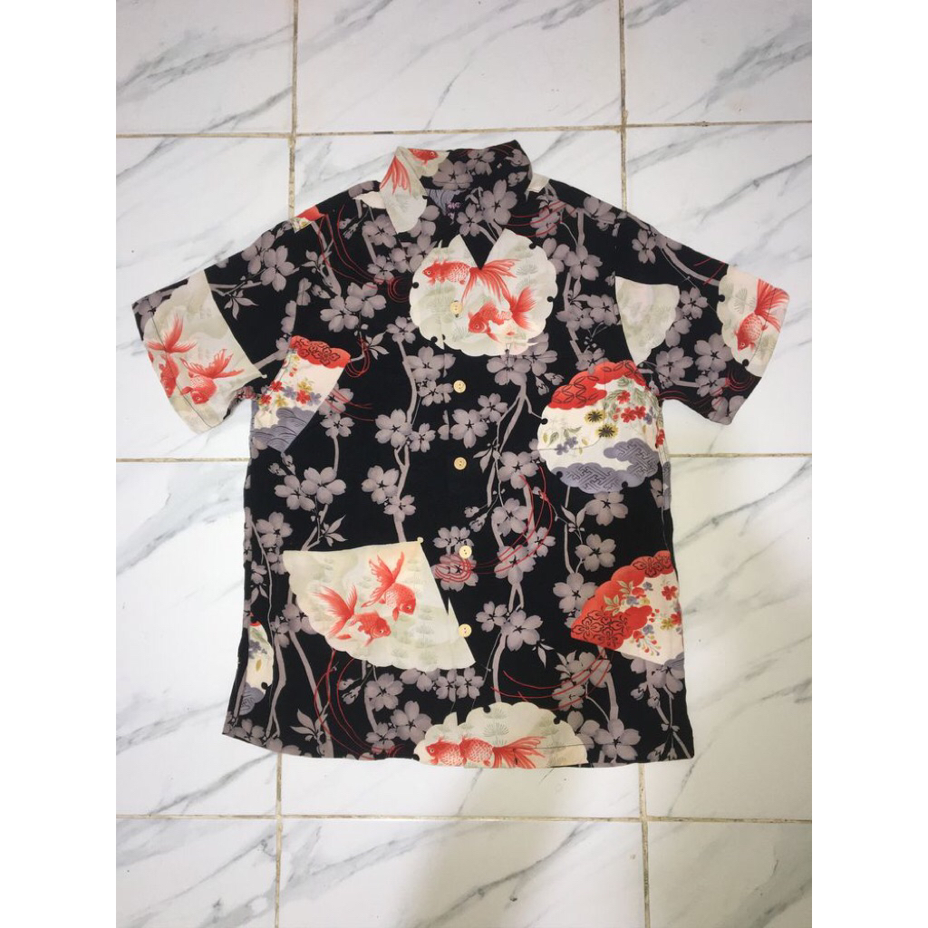 Hawaiian Shirt Oniwa Soto Sakura Gold Fish Japan Kimono