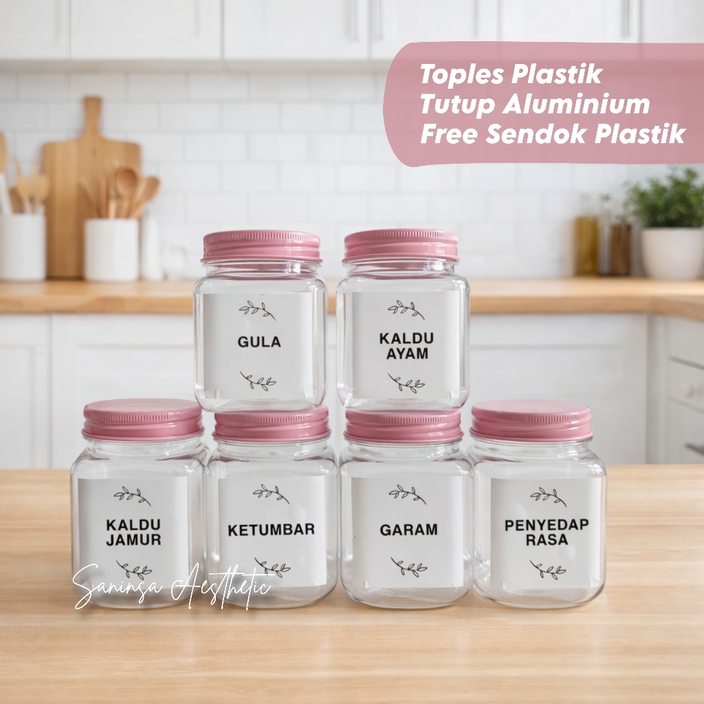 Toples Plastik Tempat Bumbu Dapur Kotak 200ml Tutup Aluminium Pink Aesthetic