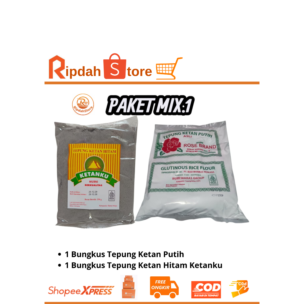 Tepung Ketan Putih Rose Brand 500gr Dan Ketan Hitam Ketanku 250gr