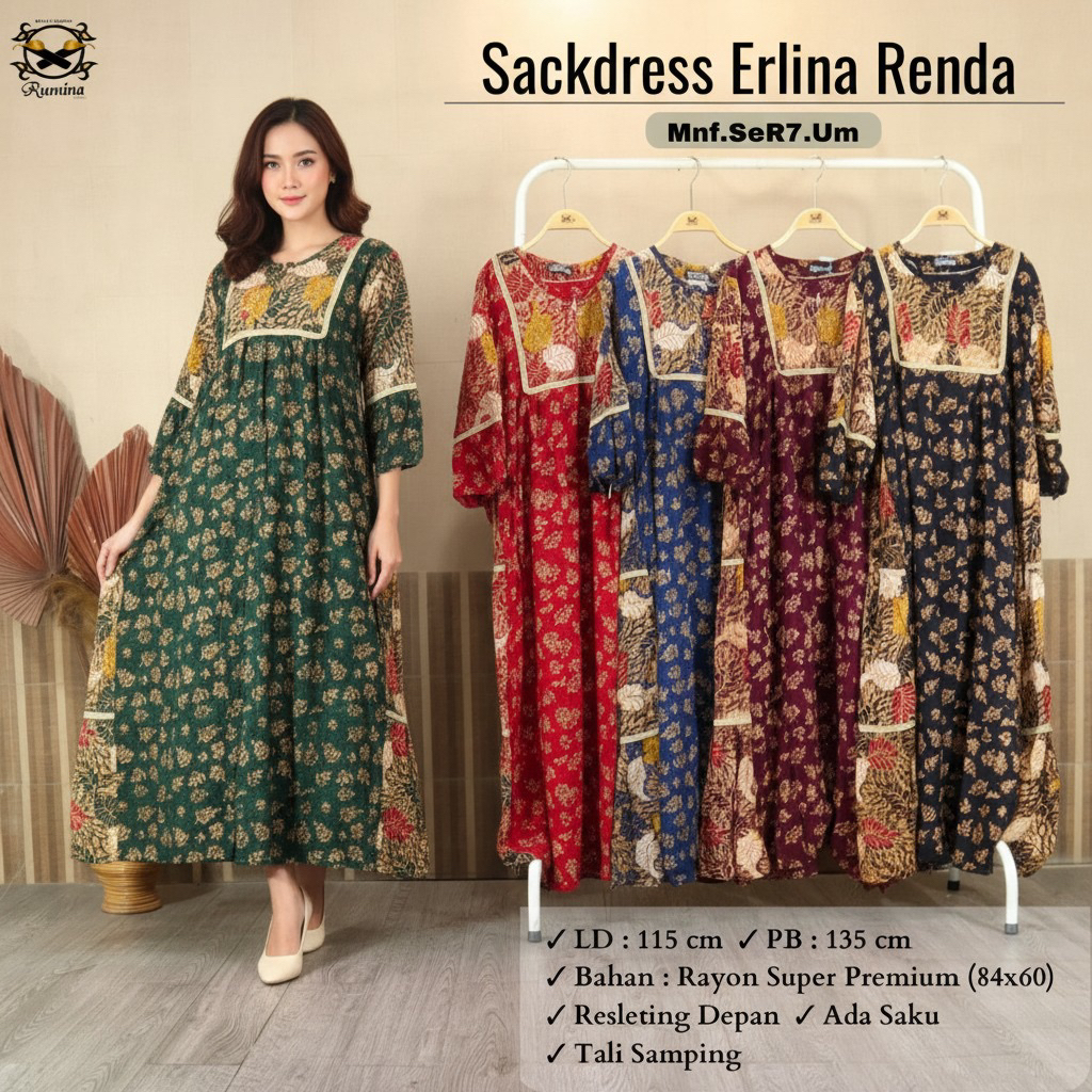 RUMINA (LD 115 PB 135)SACKDRES ERLINA RENDA RAYON SUPER ADEM HALUS BATIK CAP BY RUMINA BATIK PEKALON