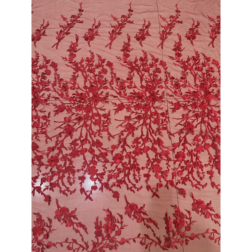 tile bordir, tile merah, tile bunga, brokat merah