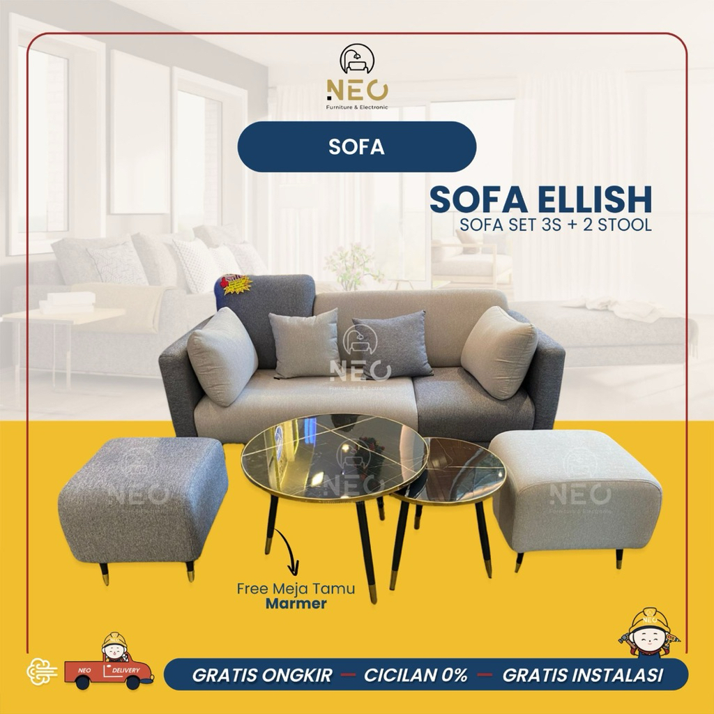 NEO - SOFA ELLISH 3 + 2 STOOL KOTAK FREE MEJA TAMU KOMBINASI WARNA  SOFA KELUARGA SOFA MINIMALIST SO