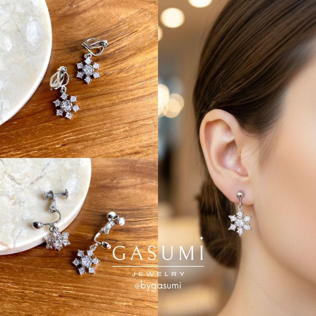 FROST - Anting Tanpa Tindik Jepit Klip Sekrup Salju Silver Kristal Elegan Wanita Snow Earclip Crysta