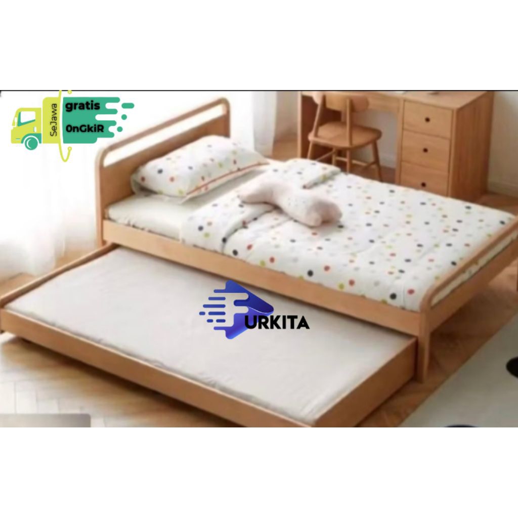 Ranjang Anak Sorong Kayu Minimalis Depan Anak Warna Natural