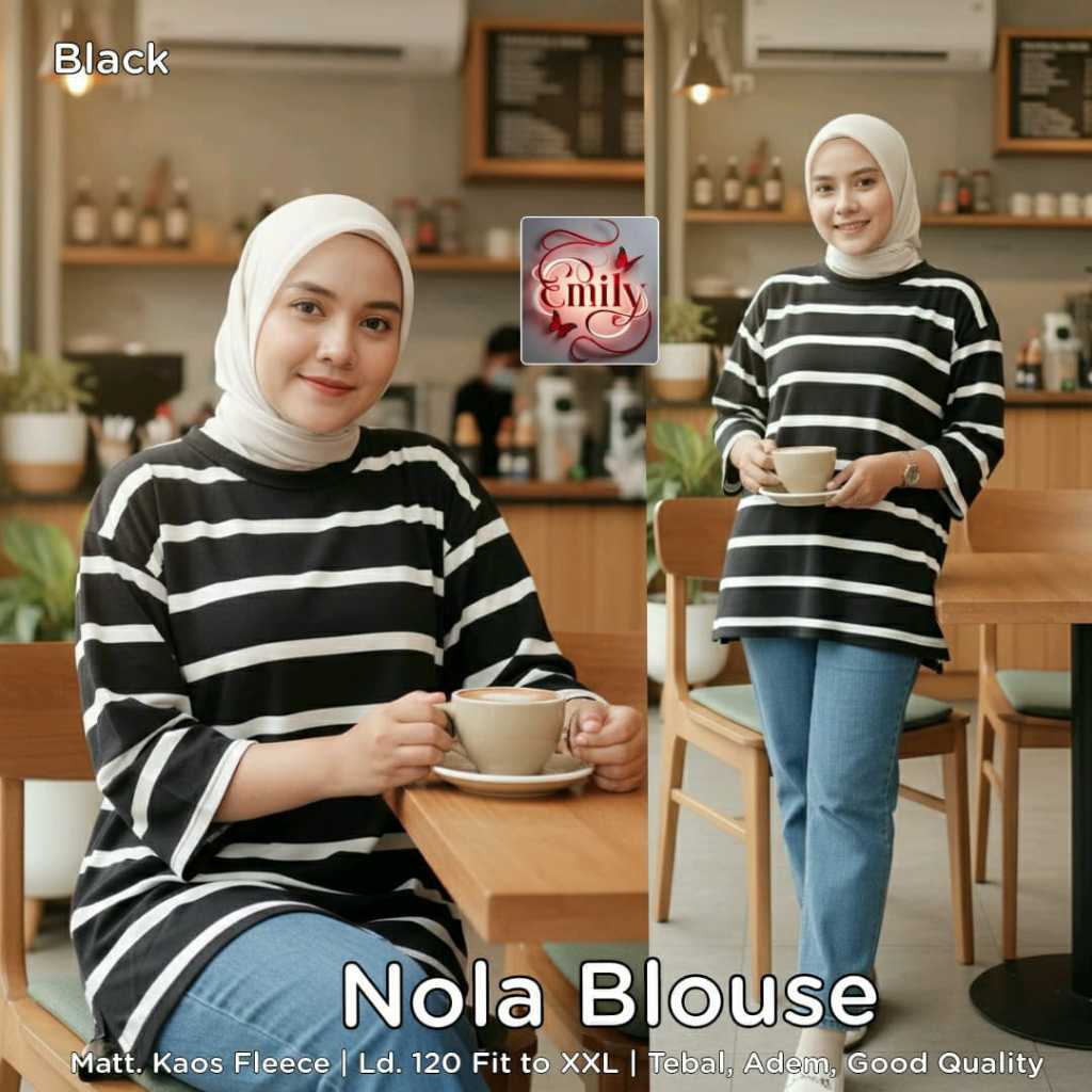 Nola Blouse Original Emily Kaos Fleece Tebal Adem Good Quality Lengan Panjang Motif Salur Stripe Ove