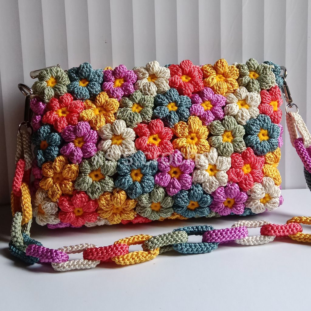 tas rajut motif bunga puff