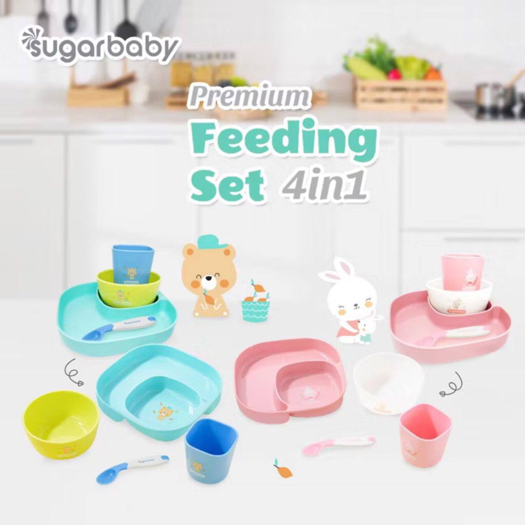 PREMIUM FEEDING SET 4in1 SUGAR BABY - Set Piring Mangkok Gelas dan Sendok Mpasi Anak
