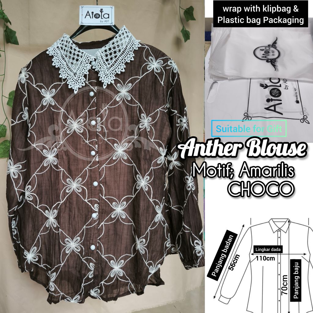 ANTHER BLOUSE | Blouse Fairy Crepe Bordir Kerah Renda | Atasan wanita kerah renda | Floral Blouse ke
