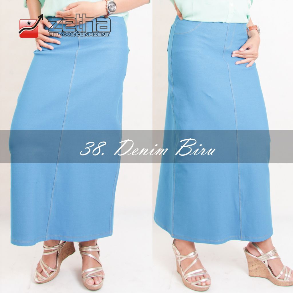 Rok Zetha Panjang Wanita Warna Denim Biru | Rok Kerja Kantor | Rok Denim | Rok Model A - Line | Rok 