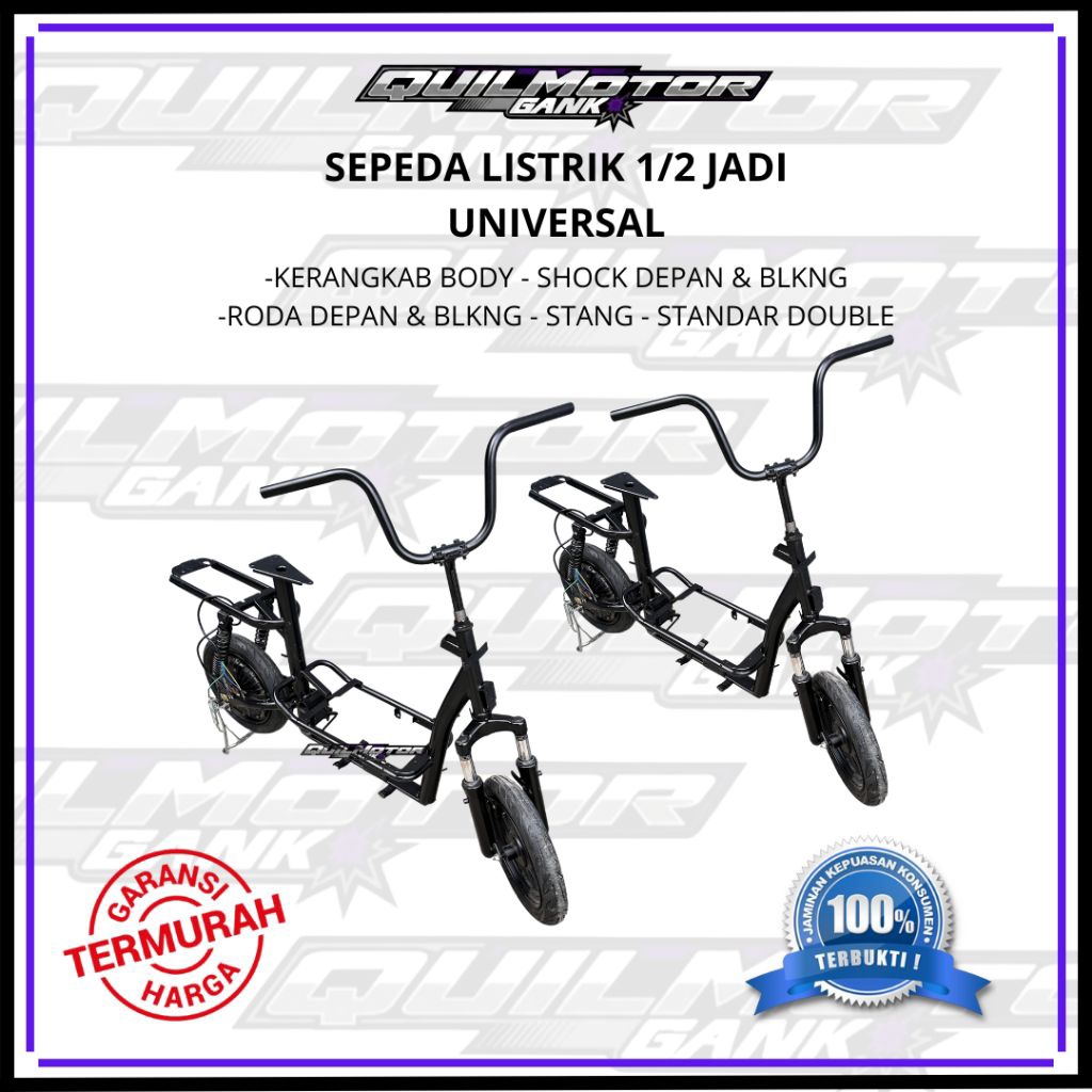 Sepeda Listrik 1/2 Jadi Frame Kerangka Body Roda Shock Stang Standard Double Motor Listrik Scooter E
