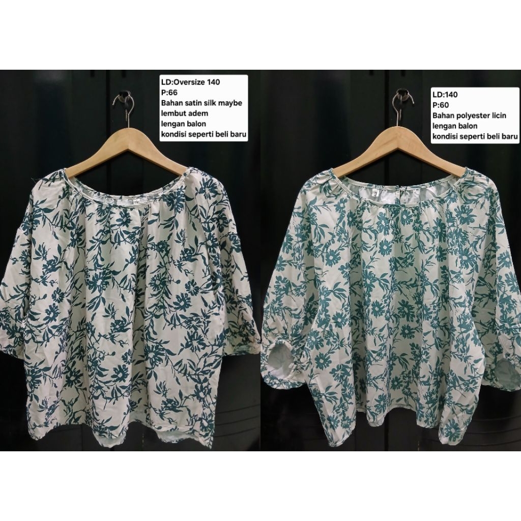 (COD)Atasan korean blouse lengan balon motif bunga warna putih hijau oversize/big size